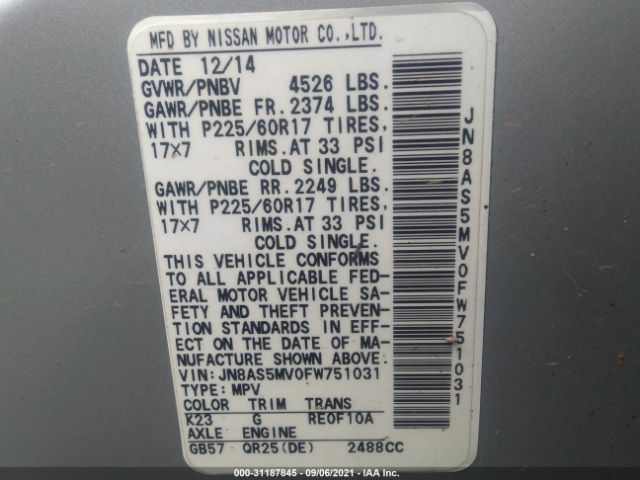 Photo 8 VIN: JN8AS5MV0FW751031 - NISSAN ROGUE SELECT 