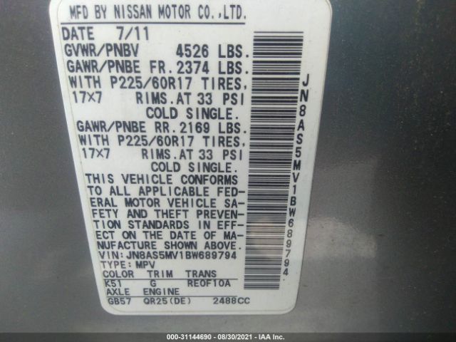 Photo 8 VIN: JN8AS5MV1BW689794 - NISSAN ROGUE 