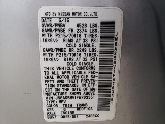 Photo 9 VIN: JN8AS5MV1FW763351 - NISSAN ROGUE SELE 