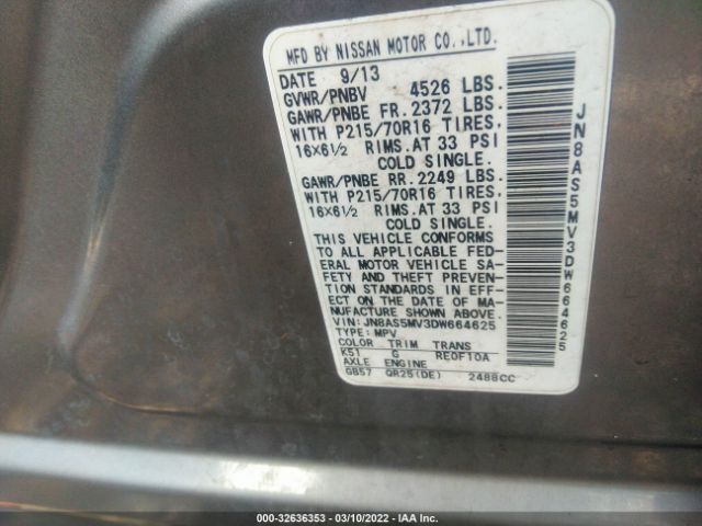 Photo 8 VIN: JN8AS5MV3DW664625 - NISSAN ROGUE 