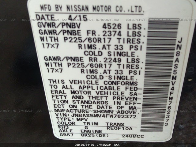 Photo 8 VIN: JN8AS5MV4FW762372 - NISSAN ROGUE SELECT 