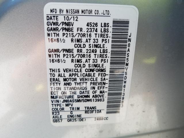 Photo 9 VIN: JN8AS5MV5DW613983 - NISSAN ROGUE S 