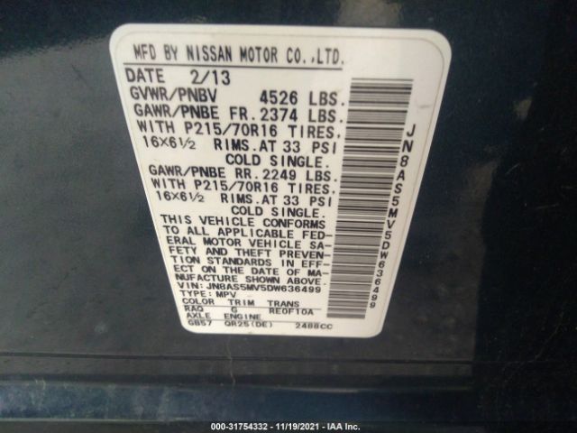 Photo 8 VIN: JN8AS5MV5DW636499 - NISSAN ROGUE 