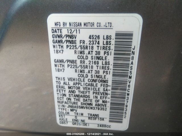 Photo 8 VIN: JN8AS5MV6CW379352 - NISSAN ROGUE 