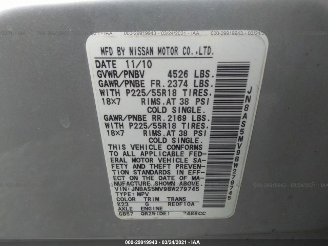 Photo 8 VIN: JN8AS5MV9BW279745 - NISSAN ROGUE 