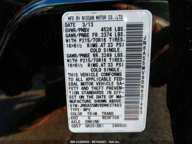 Photo 8 VIN: JN8AS5MV9DW637493 - NISSAN ROGUE 