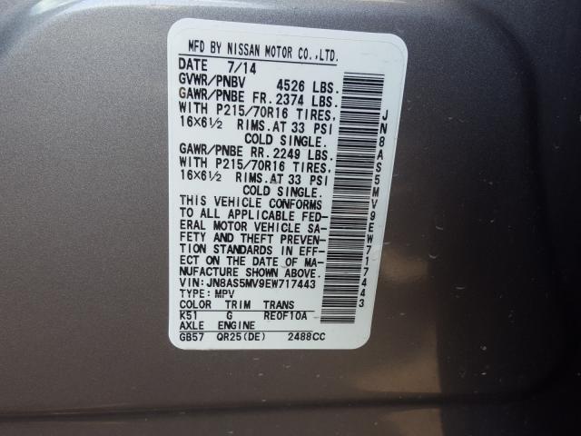 Photo 9 VIN: JN8AS5MV9EW717443 - NISSAN ROGUE SELE 