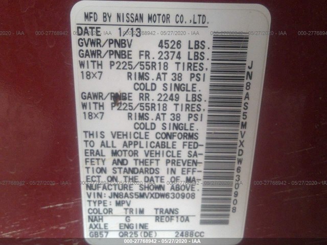 Photo 8 VIN: JN8AS5MVXDW630908 - NISSAN ROGUE 