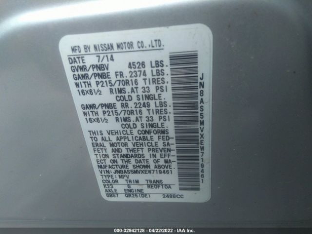 Photo 8 VIN: JN8AS5MVXEW719461 - NISSAN ROGUE SELECT 