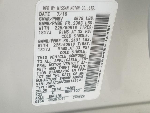 Photo 9 VIN: JN8AT2MV3GW149141 - NISSAN ROGUE S 