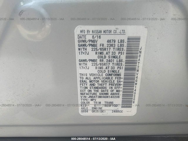 Photo 8 VIN: JN8AT2MV4GW140206 - NISSAN ROGUE 