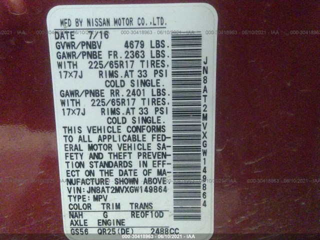 Photo 8 VIN: JN8AT2MVXGW149864 - NISSAN ROGUE 