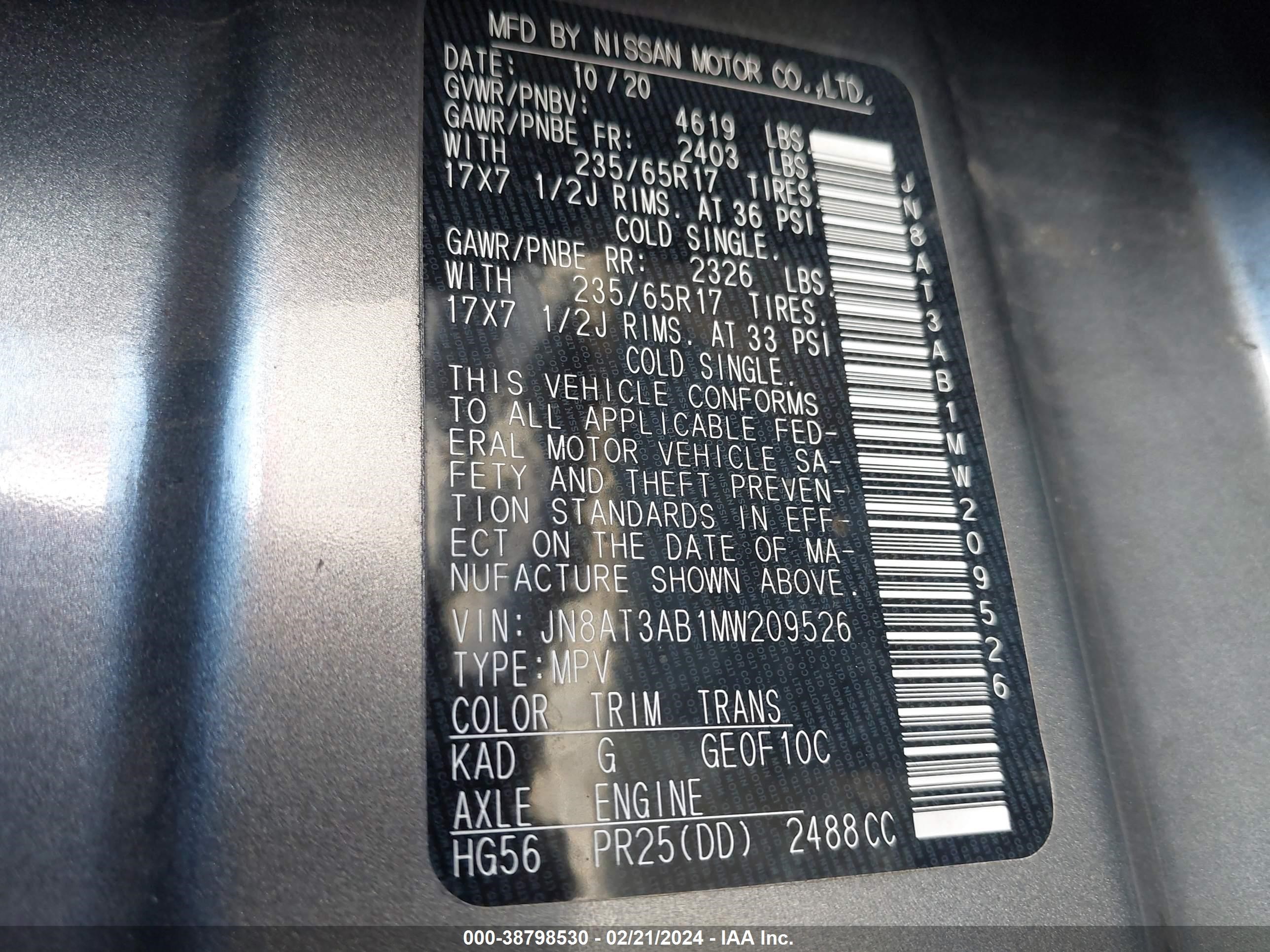 Photo 8 VIN: JN8AT3AB1MW209526 - NISSAN ROGUE 