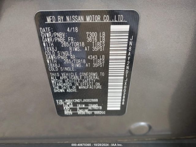 Photo 8 VIN: JN8AY2ND1JX002888 - NISSAN ARMADA 