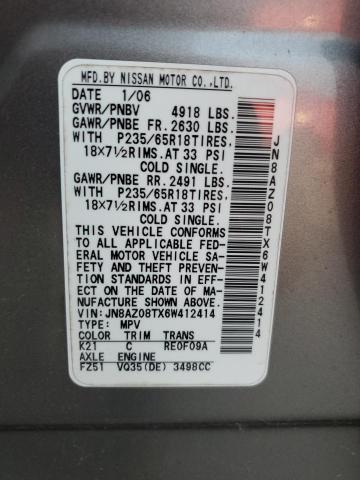 Photo 12 VIN: JN8AZ08TX6W412414 - NISSAN MURANO SL 