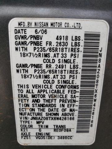 Photo 11 VIN: JN8AZ08TX6W426166 - NISSAN MURANO SL 