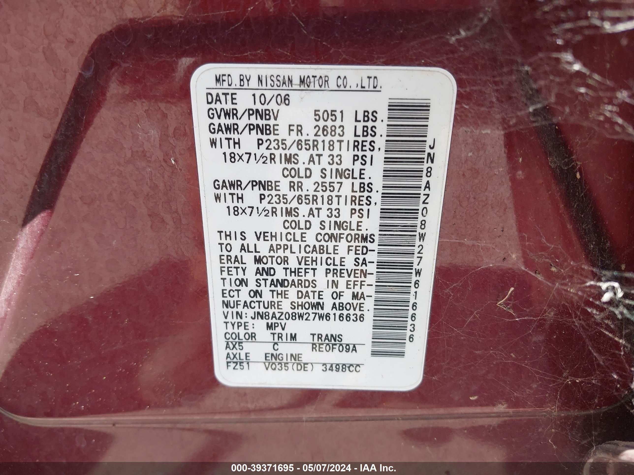 Photo 8 VIN: JN8AZ08W27W616636 - NISSAN MURANO 