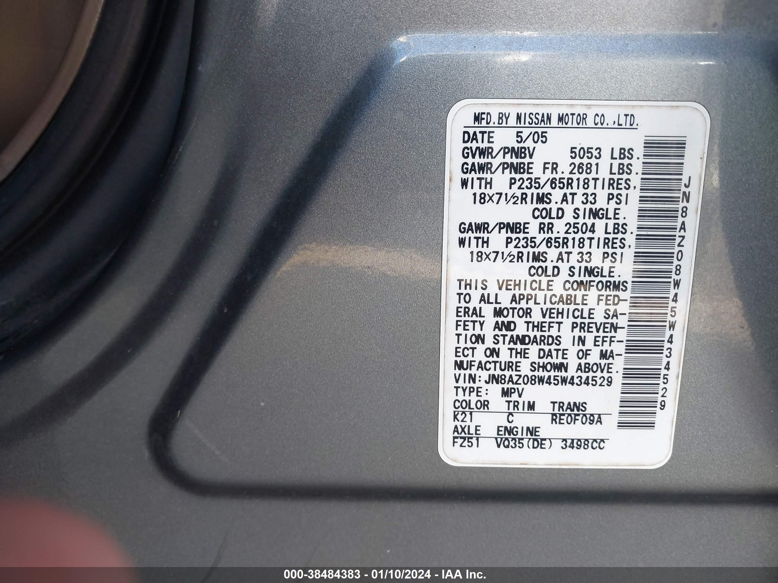 Photo 8 VIN: JN8AZ08W45W434529 - NISSAN MURANO 