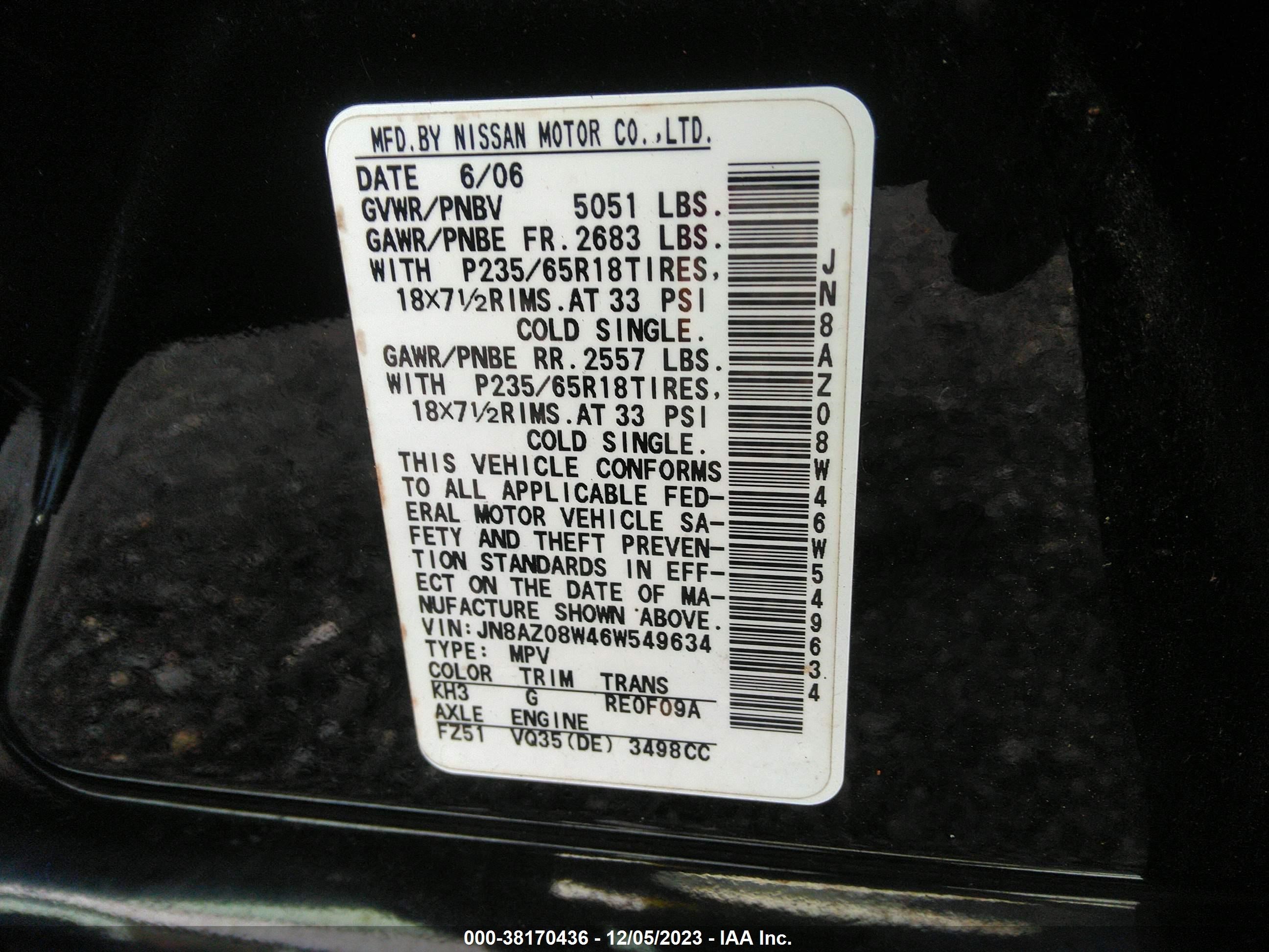 Photo 8 VIN: JN8AZ08W46W549634 - NISSAN MURANO 