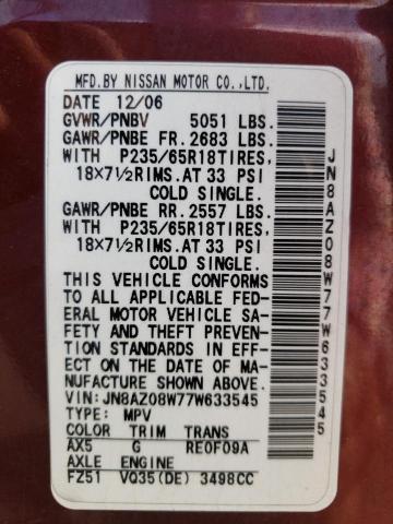 Photo 12 VIN: JN8AZ08W77W633545 - NISSAN MURANO SL 