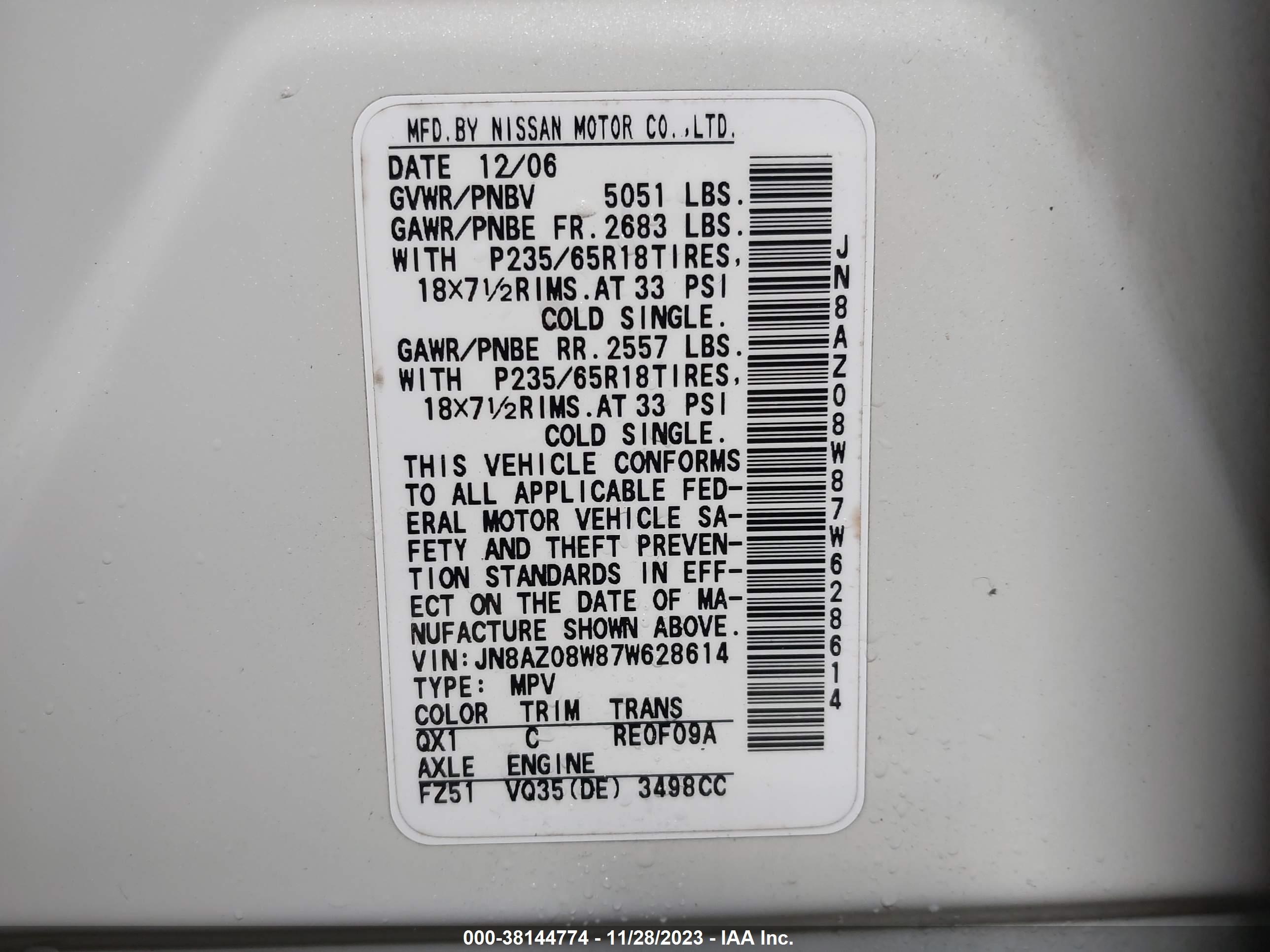 Photo 8 VIN: JN8AZ08W87W628614 - NISSAN MURANO 