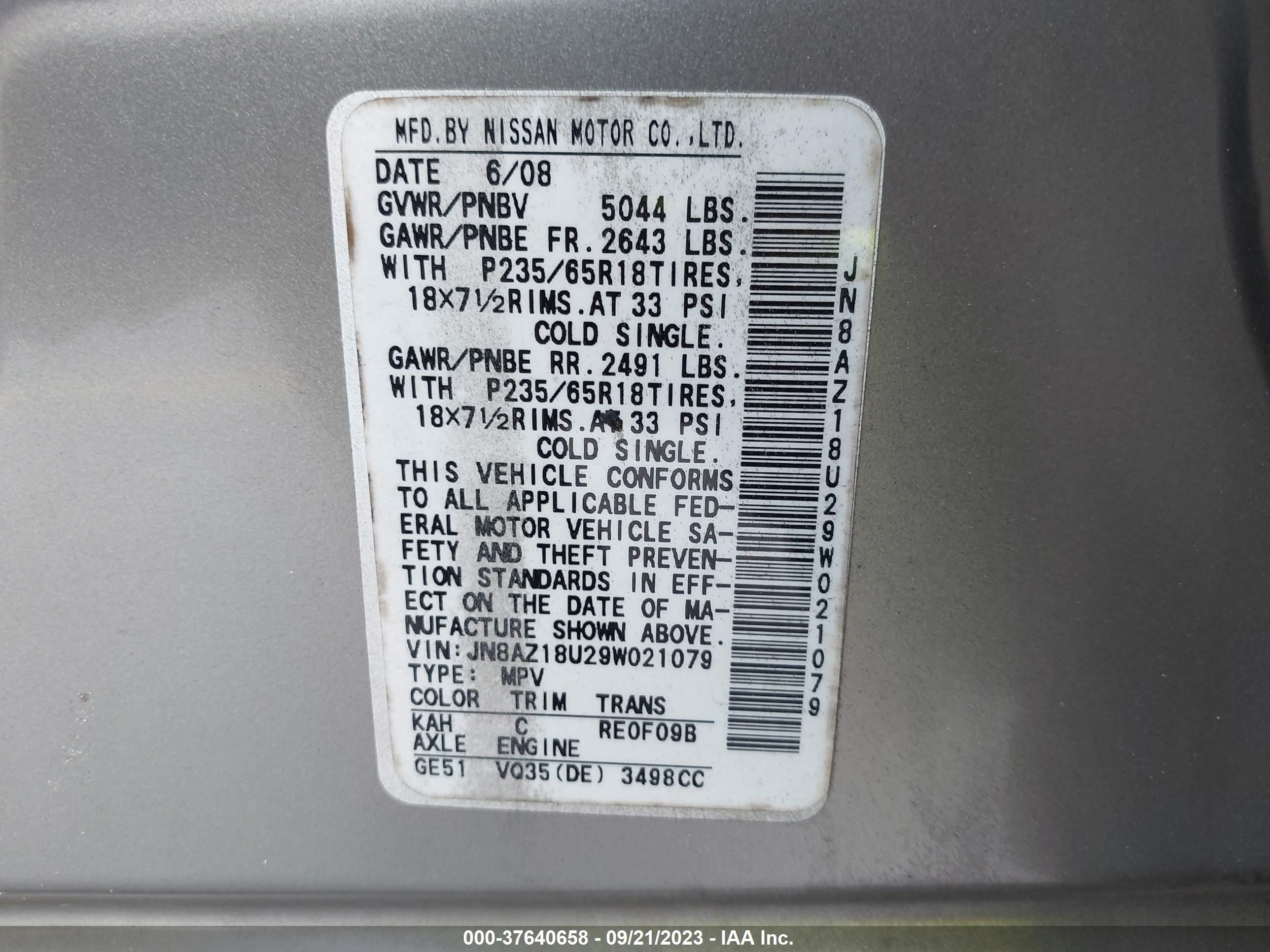 Photo 8 VIN: JN8AZ18U29W021079 - NISSAN MURANO 