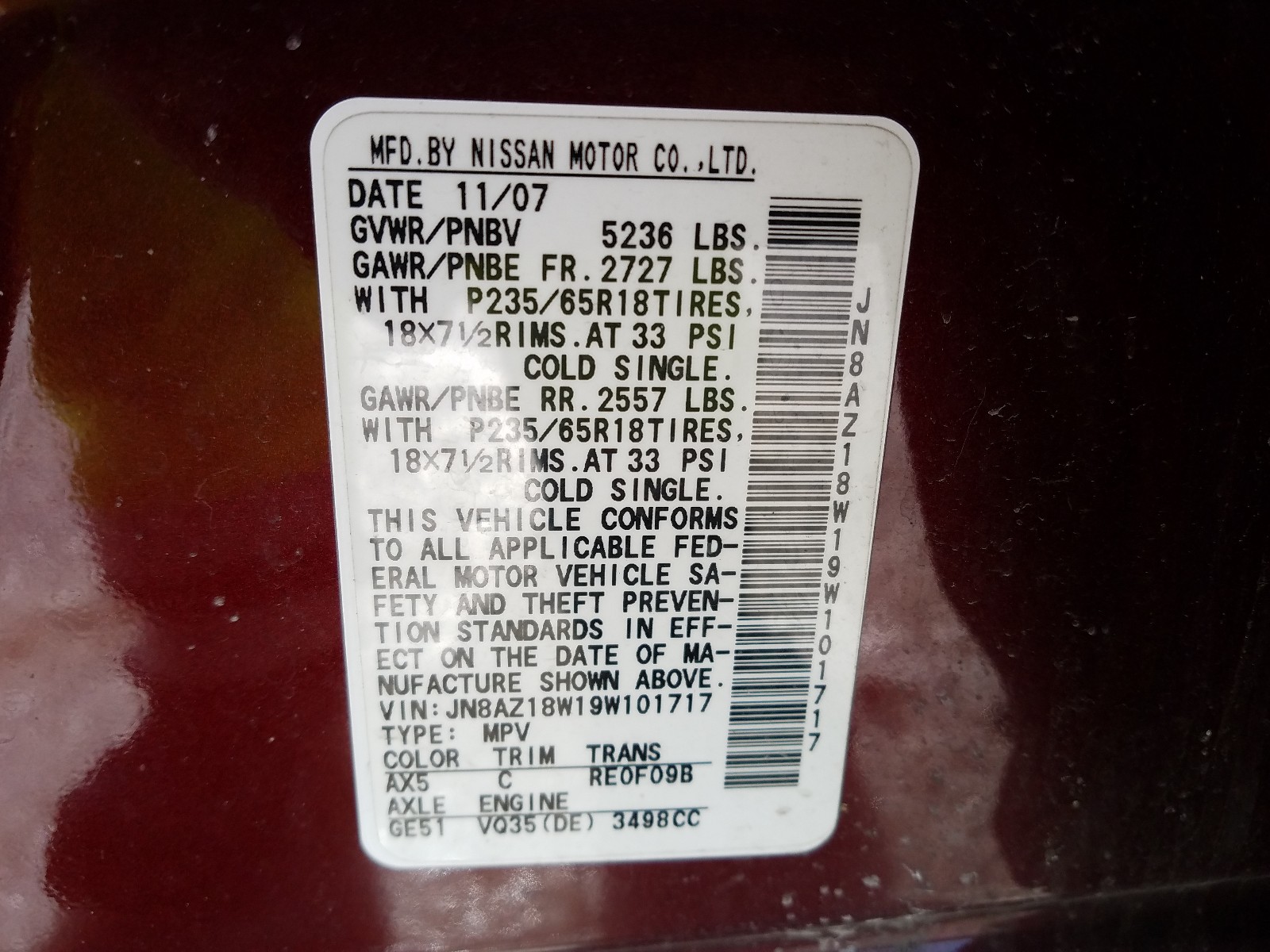 Photo 9 VIN: JN8AZ18W19W101717 - NISSAN MURANO S 