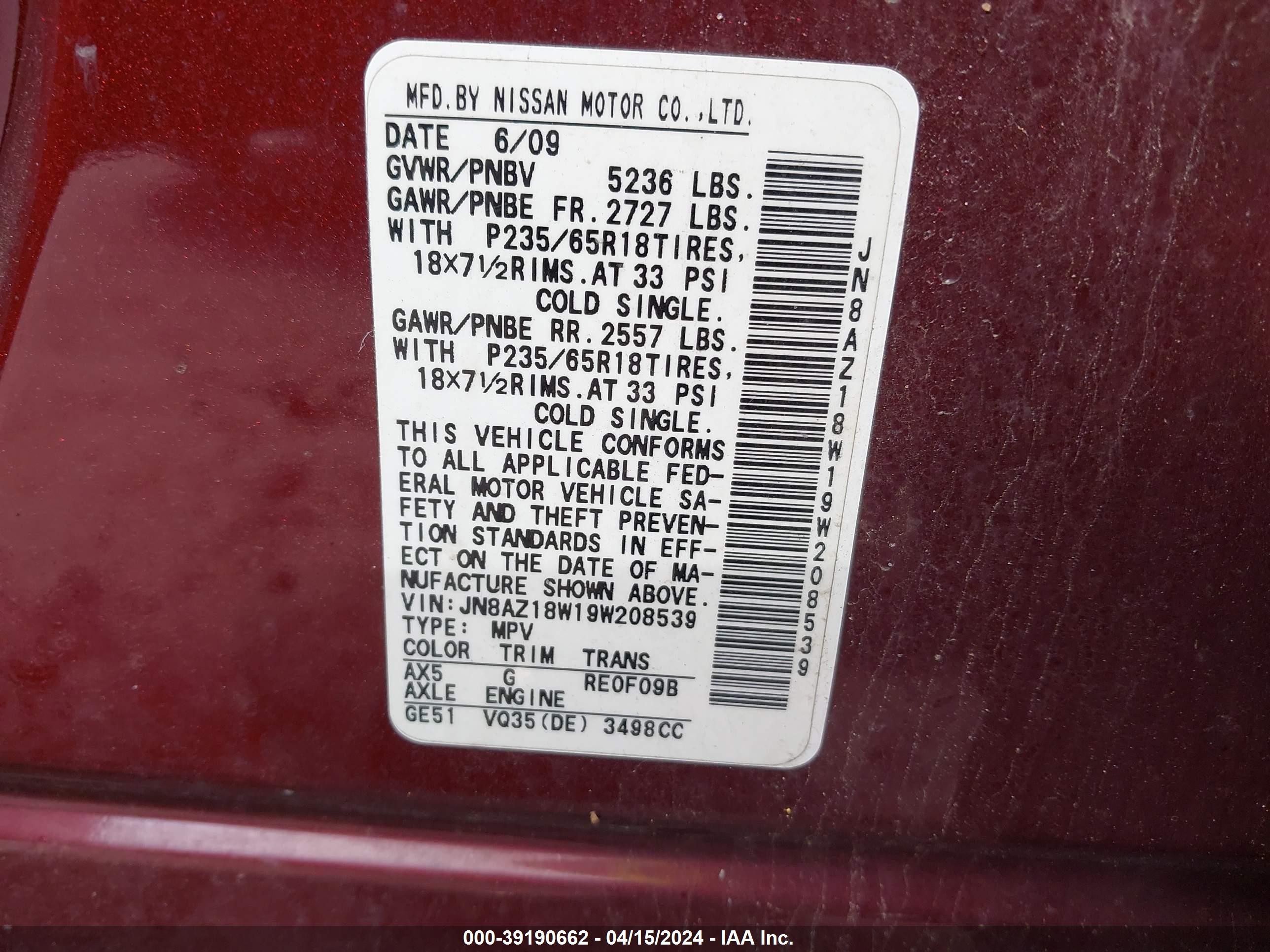 Photo 8 VIN: JN8AZ18W19W208539 - NISSAN MURANO 