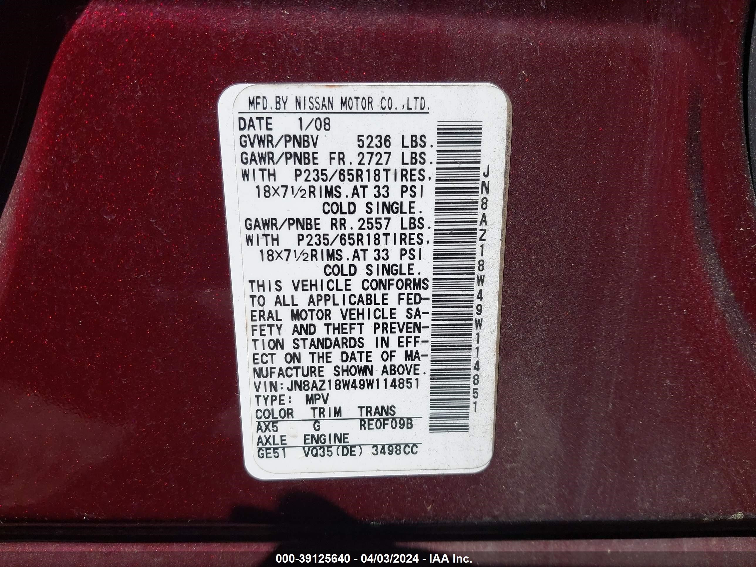 Photo 8 VIN: JN8AZ18W49W114851 - NISSAN MURANO 