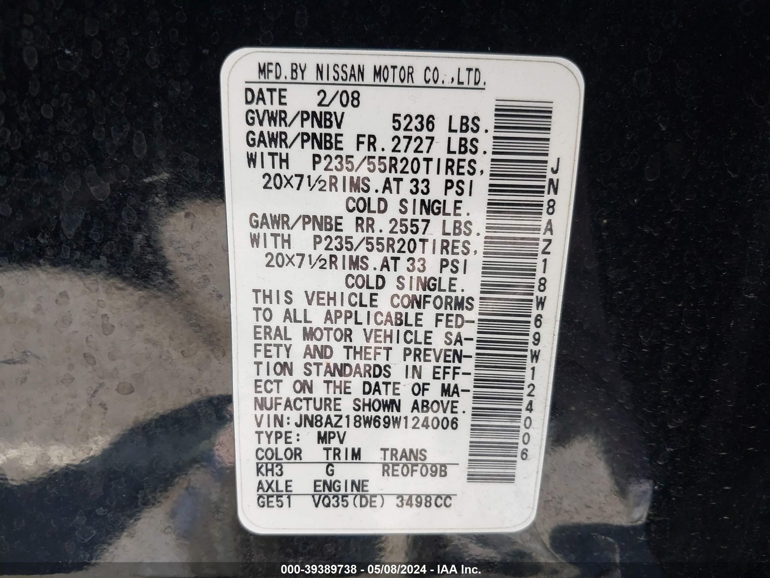 Photo 8 VIN: JN8AZ18W69W124006 - NISSAN MURANO 