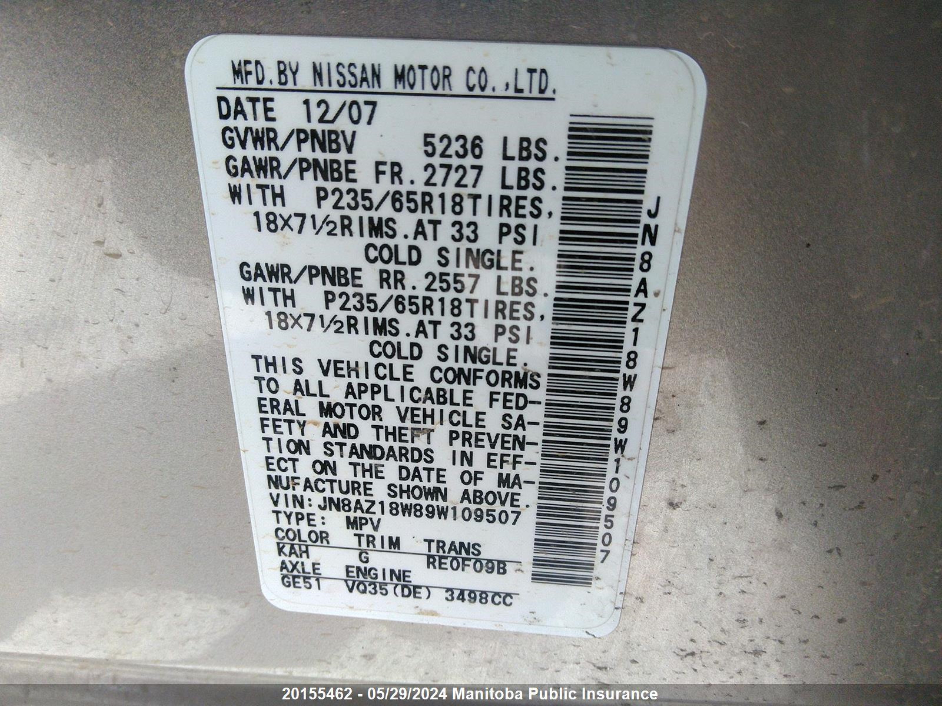 Photo 8 VIN: JN8AZ18W89W109507 - NISSAN MURANO 