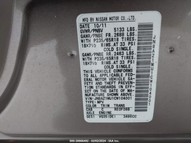 Photo 8 VIN: JN8AZ1MU1CW104001 - NISSAN MURANO 