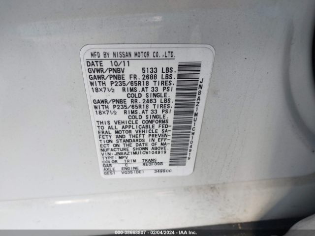 Photo 8 VIN: JN8AZ1MU1CW104919 - NISSAN MURANO 