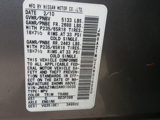 Photo 9 VIN: JN8AZ1MU2AW010030 - NISSAN MURANO S 