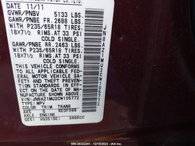 Photo 8 VIN: JN8AZ1MU2CW105772 - NISSAN MURANO 