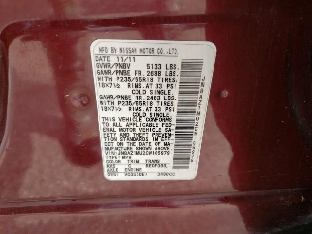 Photo 9 VIN: JN8AZ1MU2CW105979 - NISSAN MURANO S 