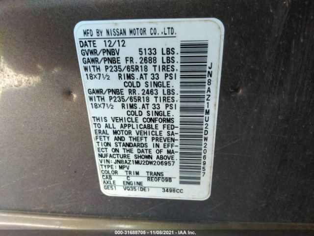 Photo 8 VIN: JN8AZ1MU2DW206957 - NISSAN MURANO 