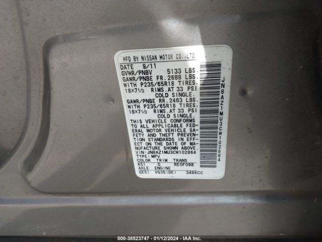 Photo 8 VIN: JN8AZ1MU3CW102864 - NISSAN MURANO 