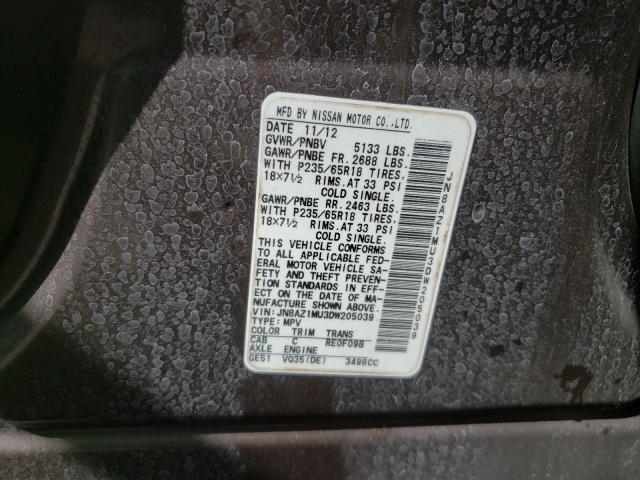 Photo 9 VIN: JN8AZ1MU3DW205039 - NISSAN MURANO S 