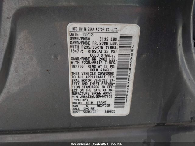 Photo 8 VIN: JN8AZ1MU3EW407932 - NISSAN MURANO 