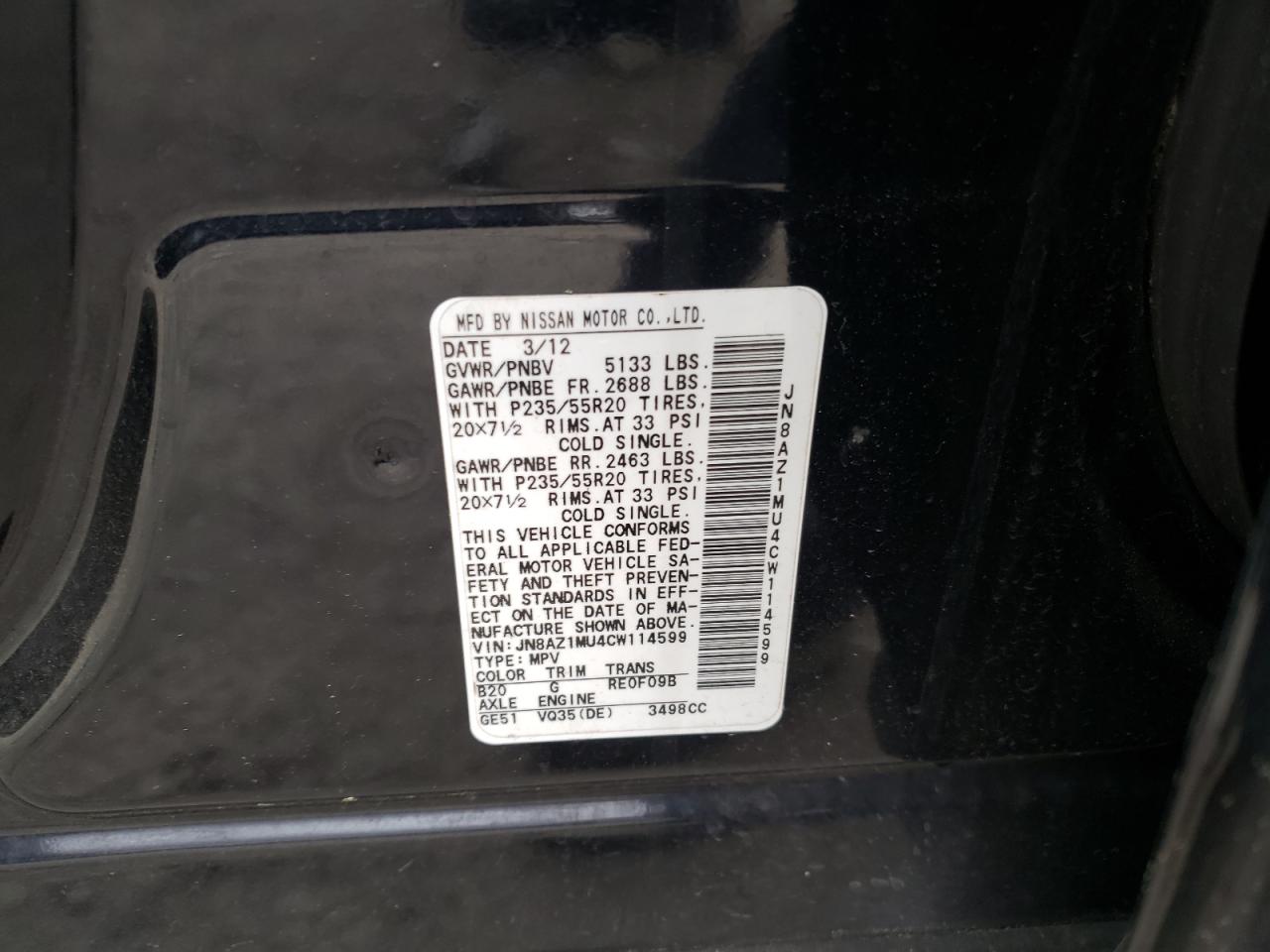 Photo 13 VIN: JN8AZ1MU4CW114599 - NISSAN MURANO 