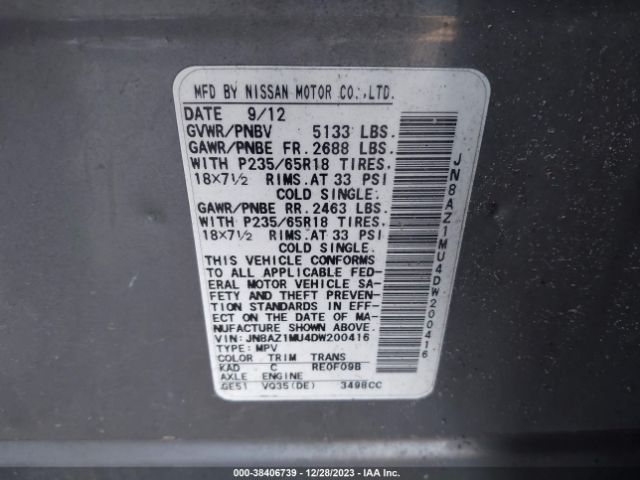 Photo 8 VIN: JN8AZ1MU4DW200416 - NISSAN MURANO 