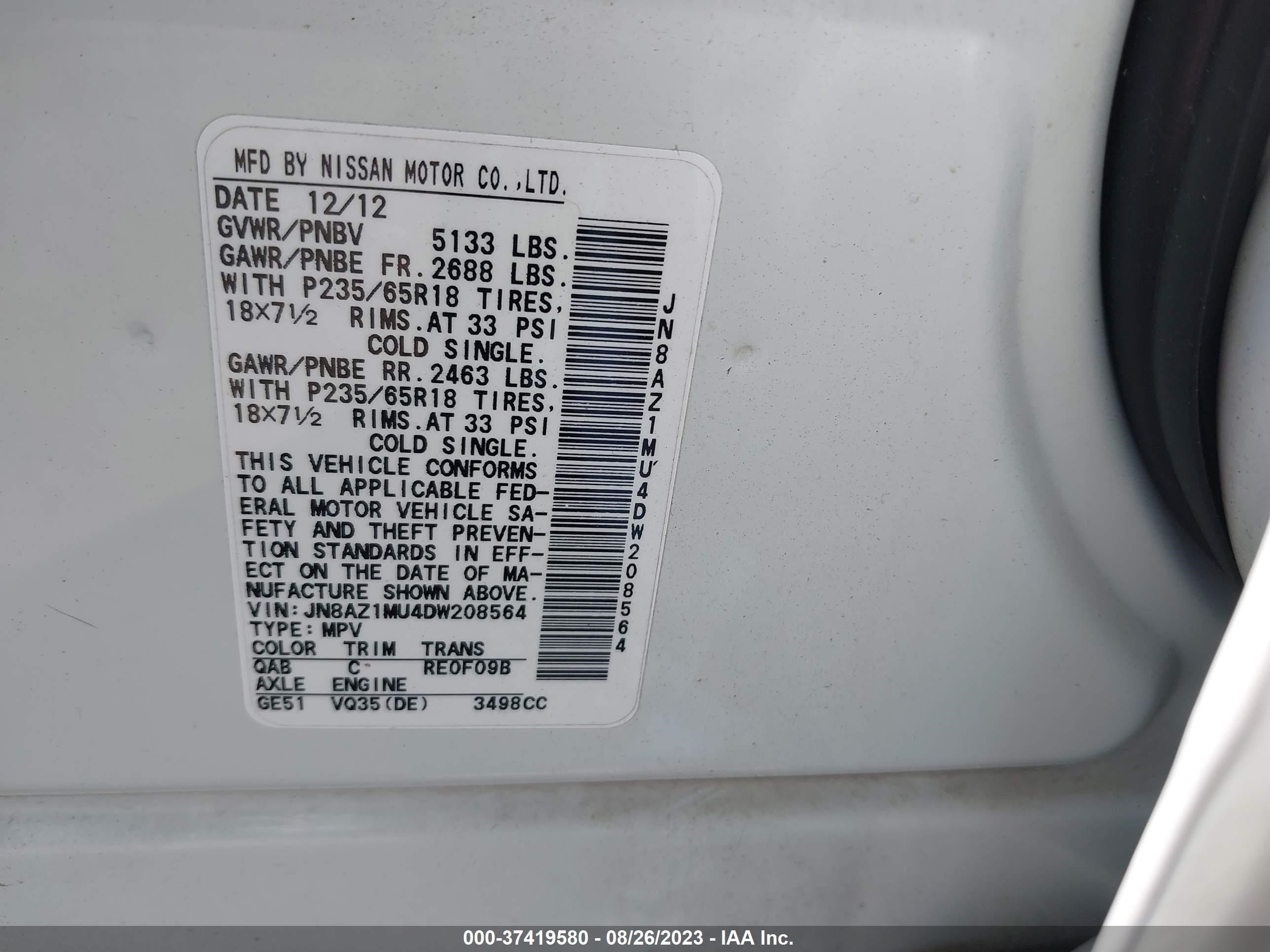 Photo 8 VIN: JN8AZ1MU4DW208564 - NISSAN MURANO 