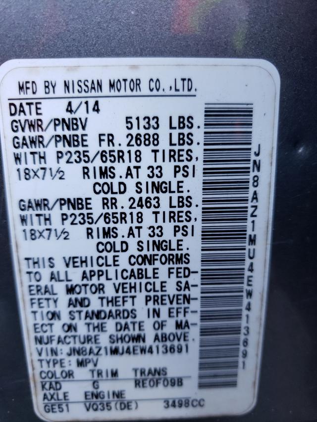 Photo 9 VIN: JN8AZ1MU4EW413691 - NISSAN MURANO S 