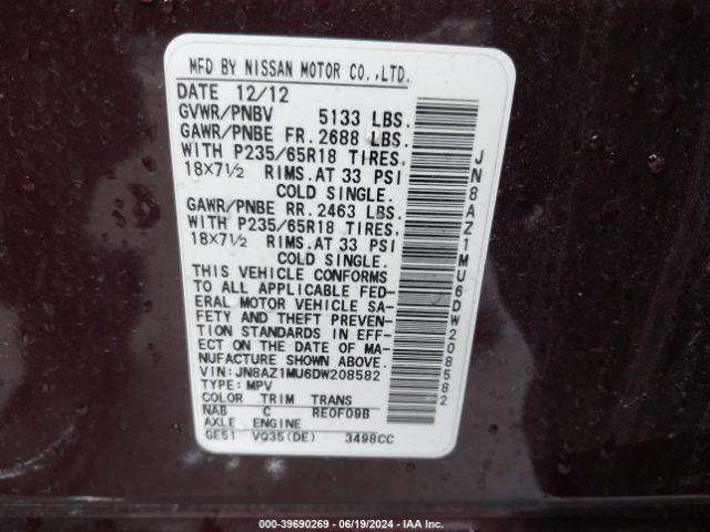 Photo 8 VIN: JN8AZ1MU6DW208582 - NISSAN MURANO 