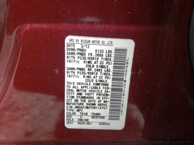 Photo 9 VIN: JN8AZ1MU7CW114757 - NISSAN MURANO S 