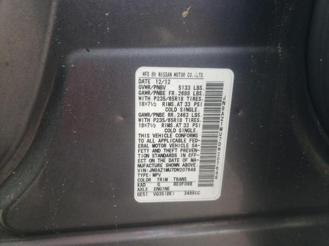 Photo 12 VIN: JN8AZ1MU7DW207649 - NISSAN MURANO S 