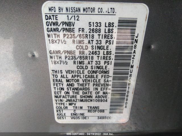 Photo 8 VIN: JN8AZ1MU8CW108904 - NISSAN MURANO 