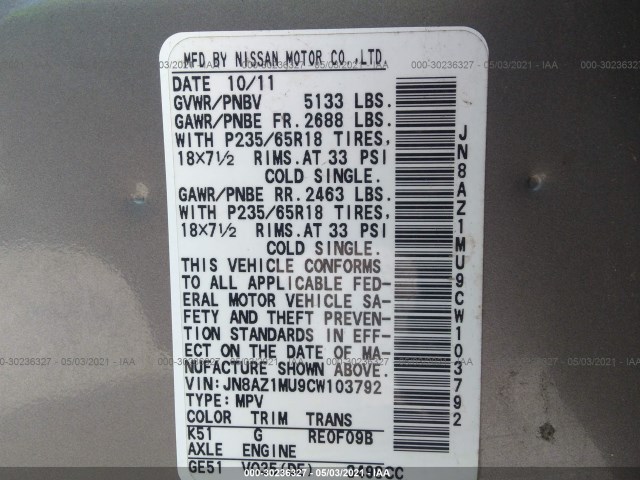 Photo 8 VIN: JN8AZ1MU9CW103792 - NISSAN MURANO 