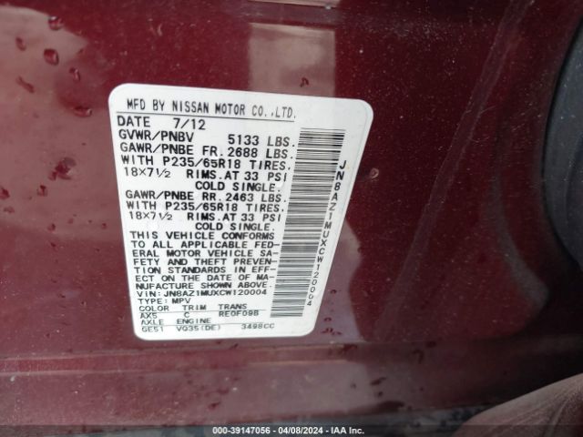 Photo 8 VIN: JN8AZ1MUXCW120004 - NISSAN MURANO 